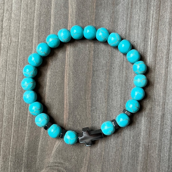 Women's Natural Turquoise Stone and Cross Stretch Bracelet - Picture 2 of 3